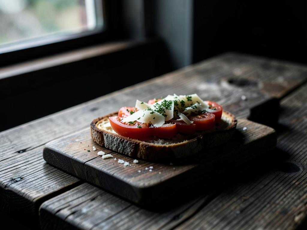 Bruschetta valkosipulilla, tomaatilla, oreganolla ja parmesaanilla
