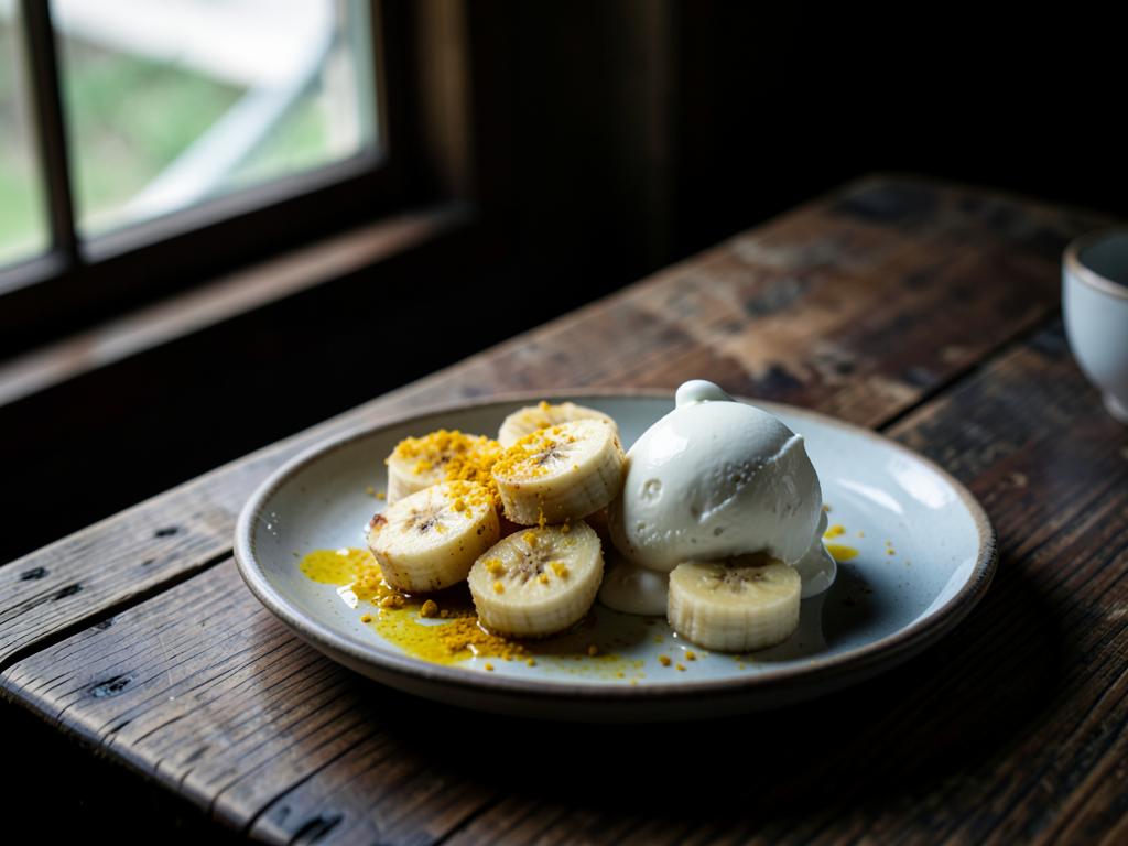 Voissa paistetut banaanit keltaisella currylla ja vaniljalla