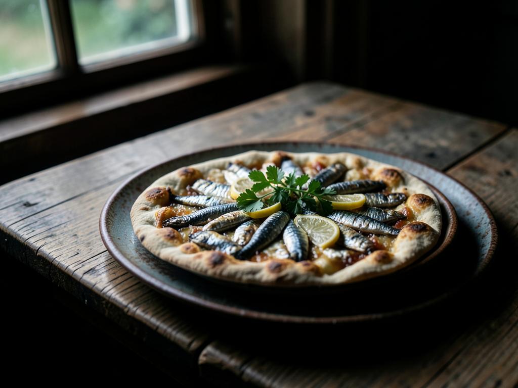 Pannulla paistettu litteä leipä ja sardiinit