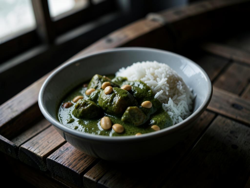 Vihreä currybroileri cashewpähkinöillä ja basmatiriisillä